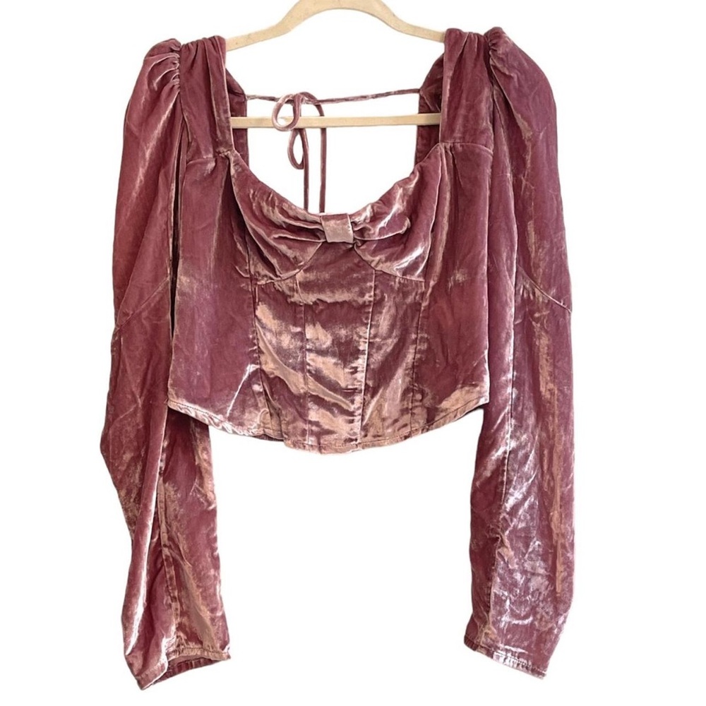 Free People Pink Velvet Bridgette Puff Sleeve Sweetheart Top M - Picture 3 of 6